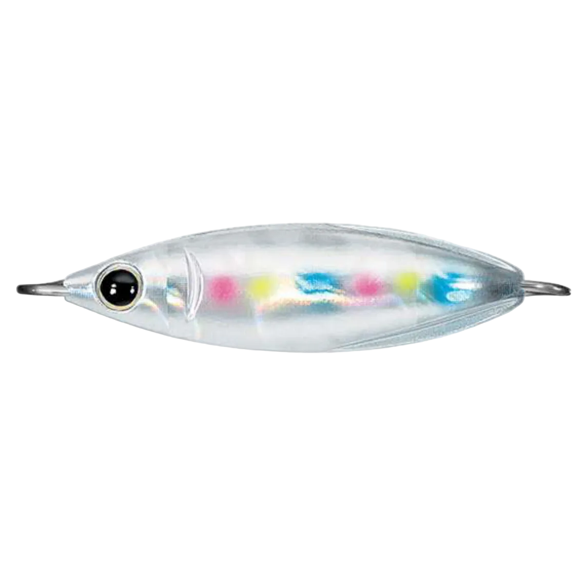 A silver metallic fishing lure with a realistic black eye and small multicolor accents in pink, yellow, and blue, shown against a white background.