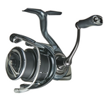 Fishing reel with metallic finish on a white background