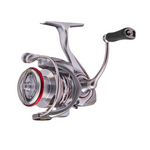 Fishing reel with metallic finish on a white background