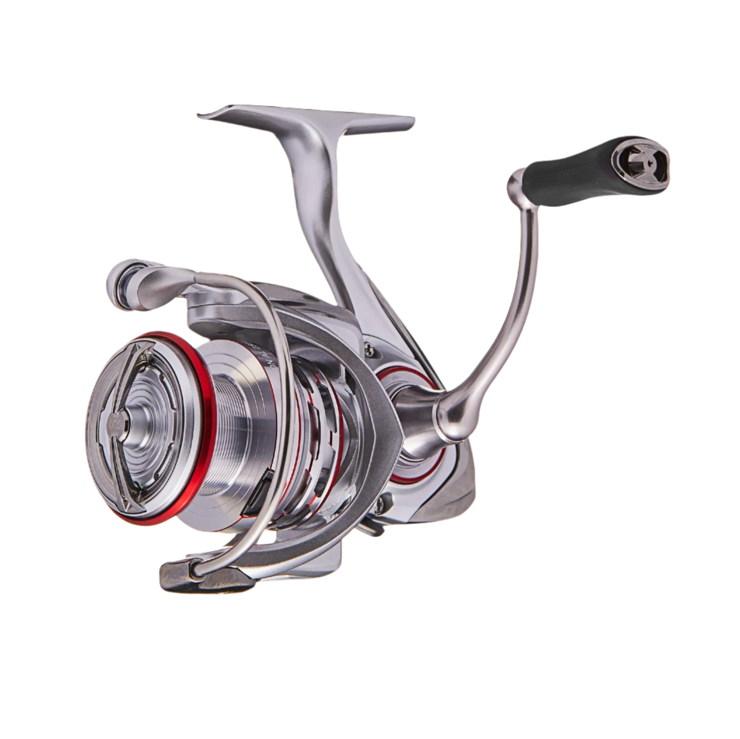 Fishing reel with metallic finish on a white background