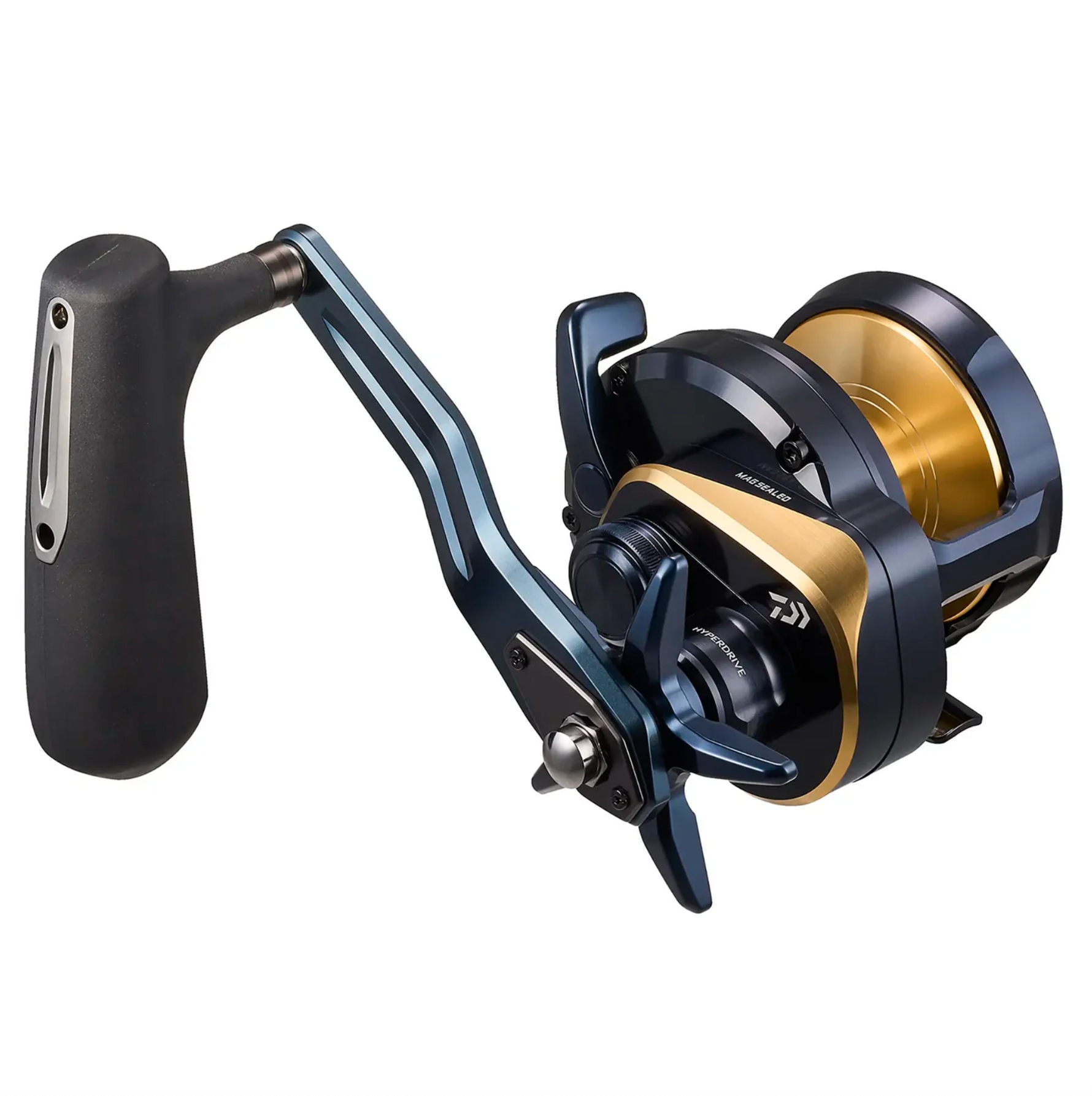 Fishing reel with black and gold design on a white background