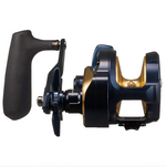 Fishing reel with black and gold components on a white background