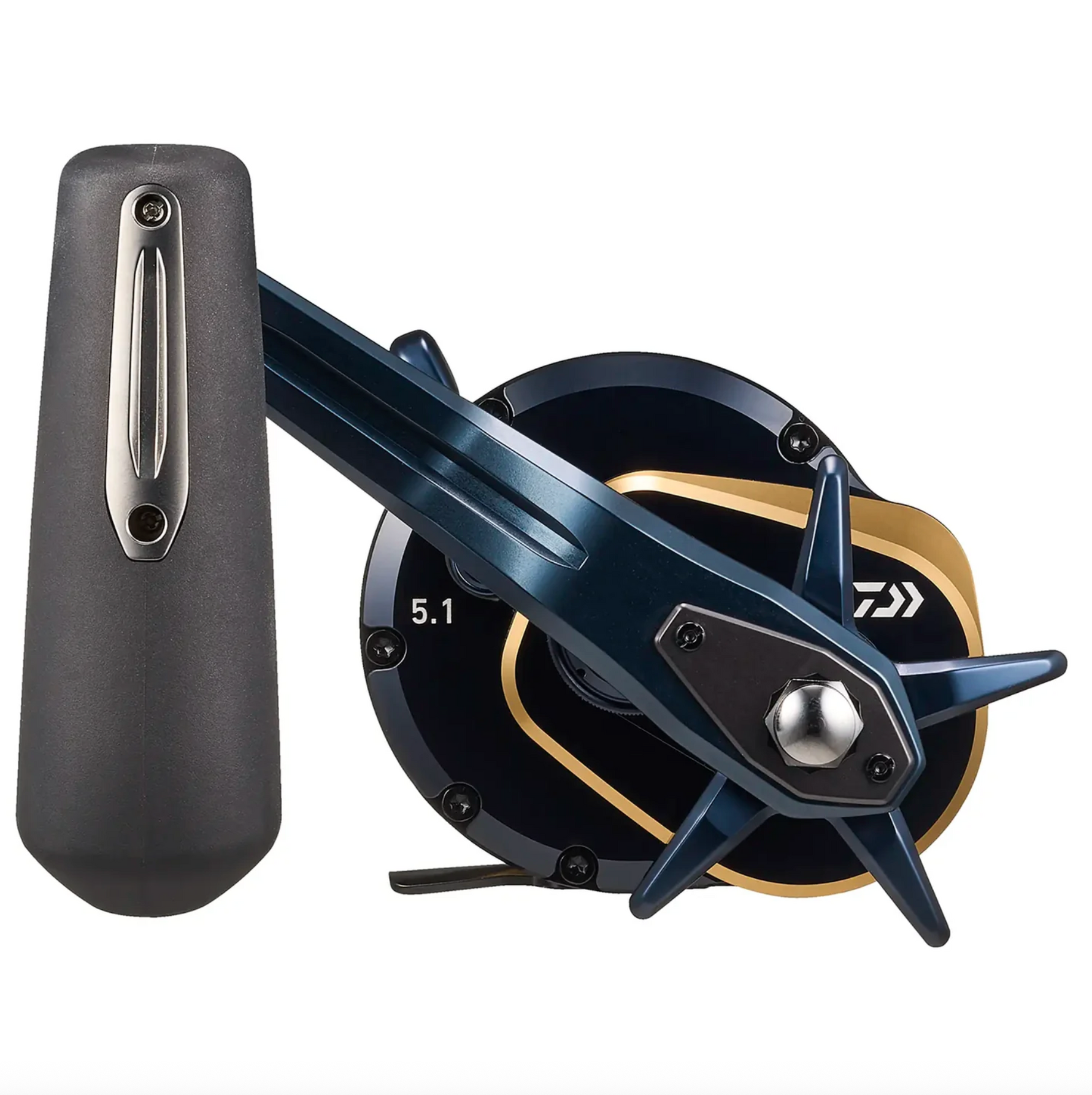 Fishing reel with black handle and metallic accents on a white background