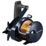 Fishing reel with gold spool on a white background