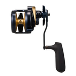 Fishing reel with black and gold design on a white background