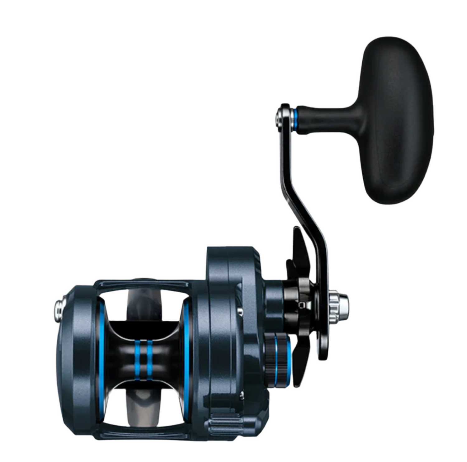 Fishing reel with black and blue design on a white background