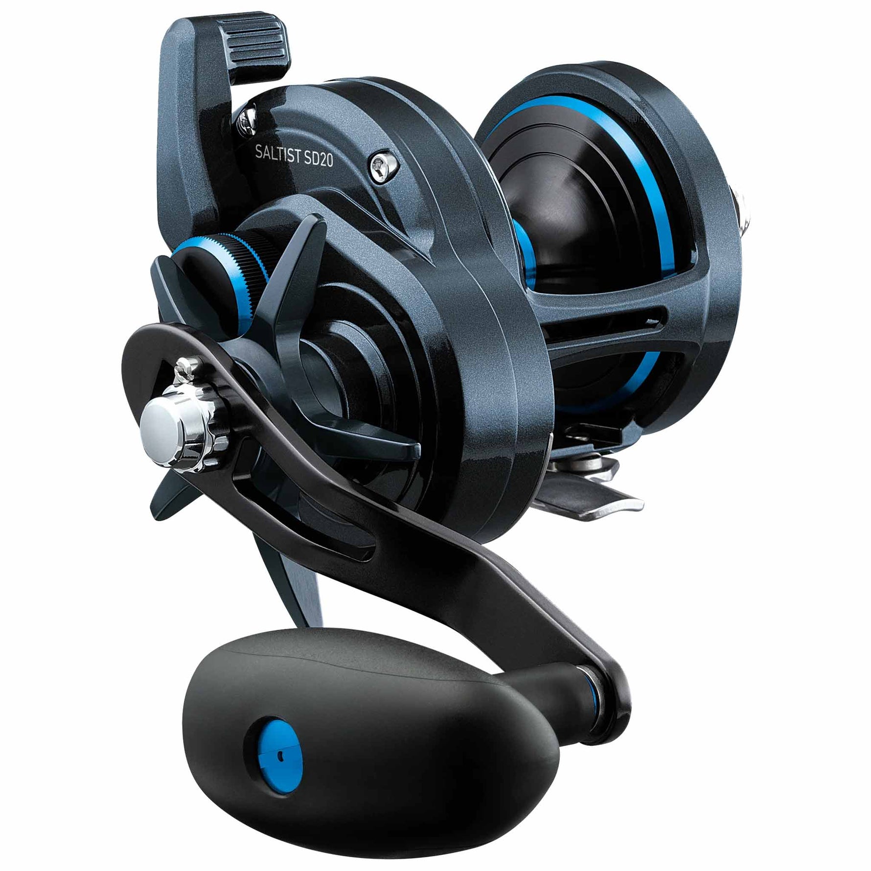 Saltist SD20 fishing reel with black and blue design on a white background