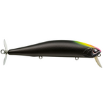 A hard bait fishing lure with a black carbon-fiber textured body, a yellow and pink gradient along the back, a propeller tail, and a diving lip, shown against a light gray background.