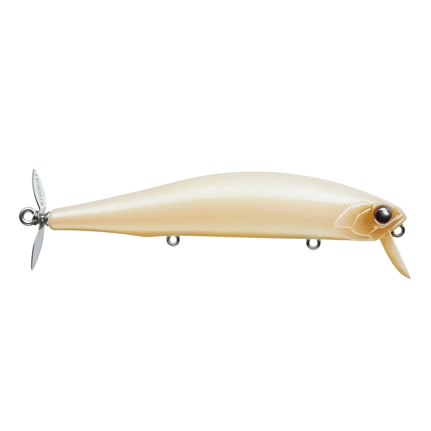 A hard fishing lure with a glossy, pearlescent champagne-gold body, a propeller tail, and a split front blade, shown against a light gray background with black letterbox bars at the top and bottom.