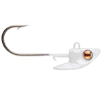 White fishing lure with a red eye on a white background