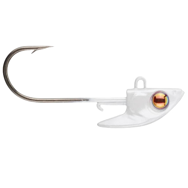 White fishing lure with a red eye on a white background