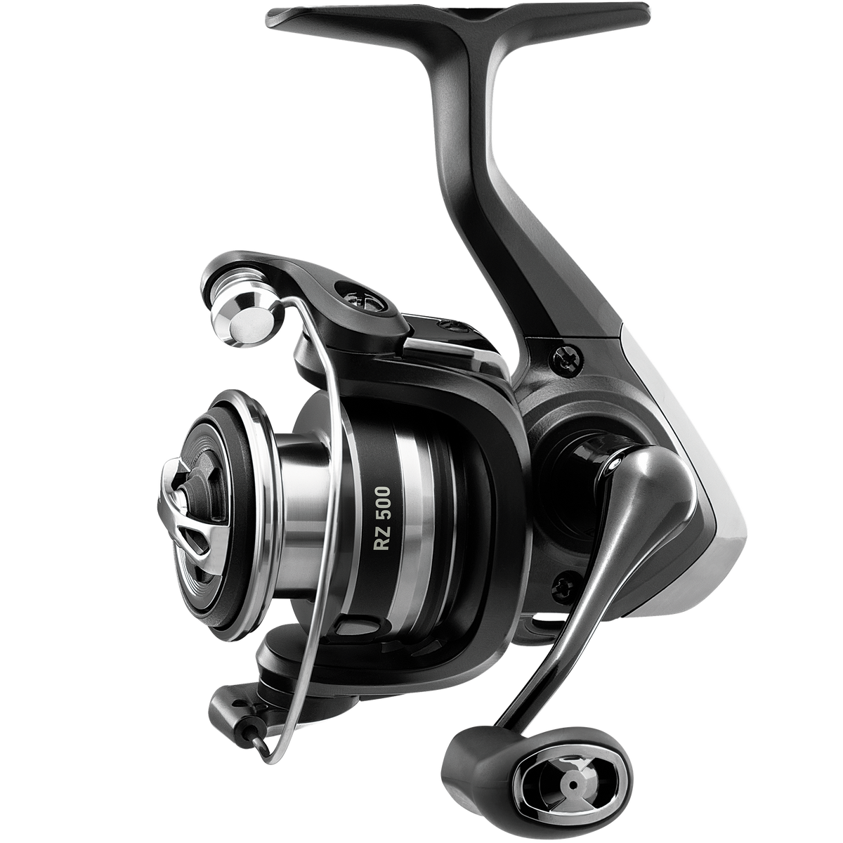 A Shimano spinning fishing reel with a black and silver body, featuring the model name 'RZ-500' printed on the side, shown against a solid white background.