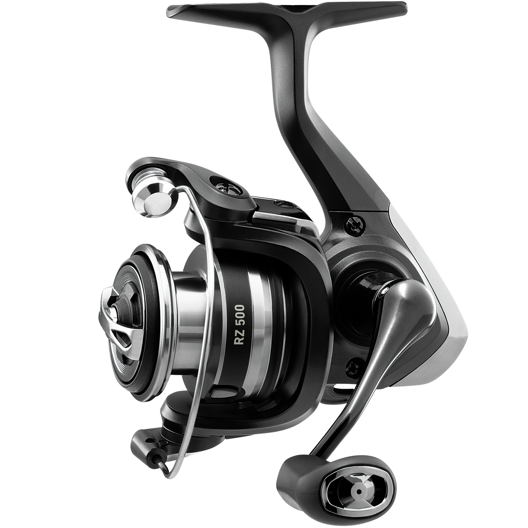 A Shimano spinning fishing reel with a black and silver body, featuring the model name 'RZ-500' printed on the side, shown against a solid white background.