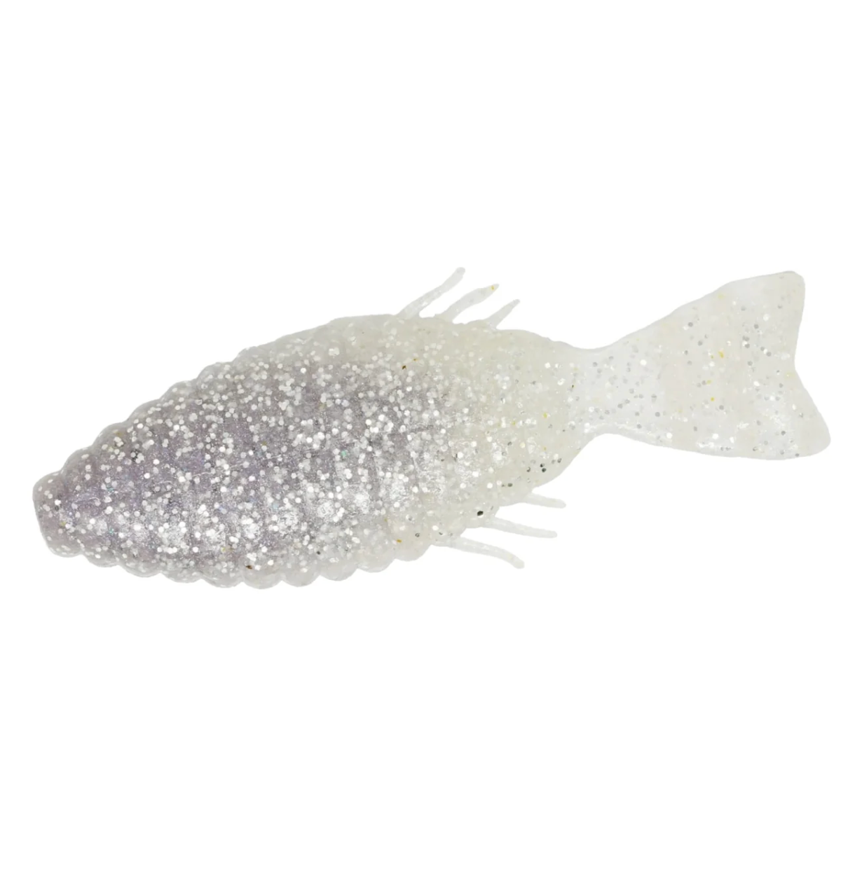 Fishing lure shaped like a fish with glittery texture on a white background