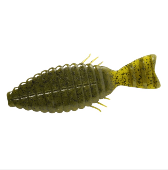 DepsDeps Bull Flat 3" Creature Bait - Creature BaitsFishing lure with a segmented body and yellow speckles on a white background3BF12