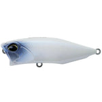 Fishing lure with a white body and blue accents on a black background
