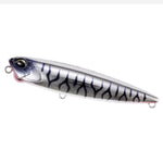 A hard plastic fishing lure shaped like a small silver fish with black vertical stripes, a realistic eye, and metal hooks at the front and bottom, shown on a plain white background.