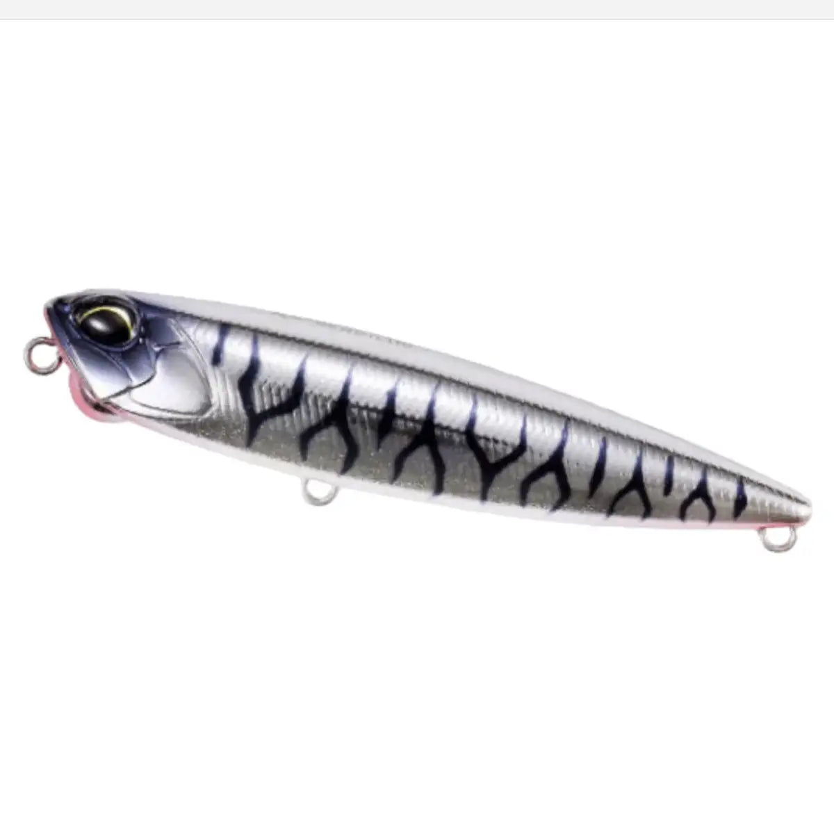 A hard plastic fishing lure shaped like a small silver fish with black vertical stripes, a realistic eye, and metal hooks at the front and bottom, shown on a plain white background.
