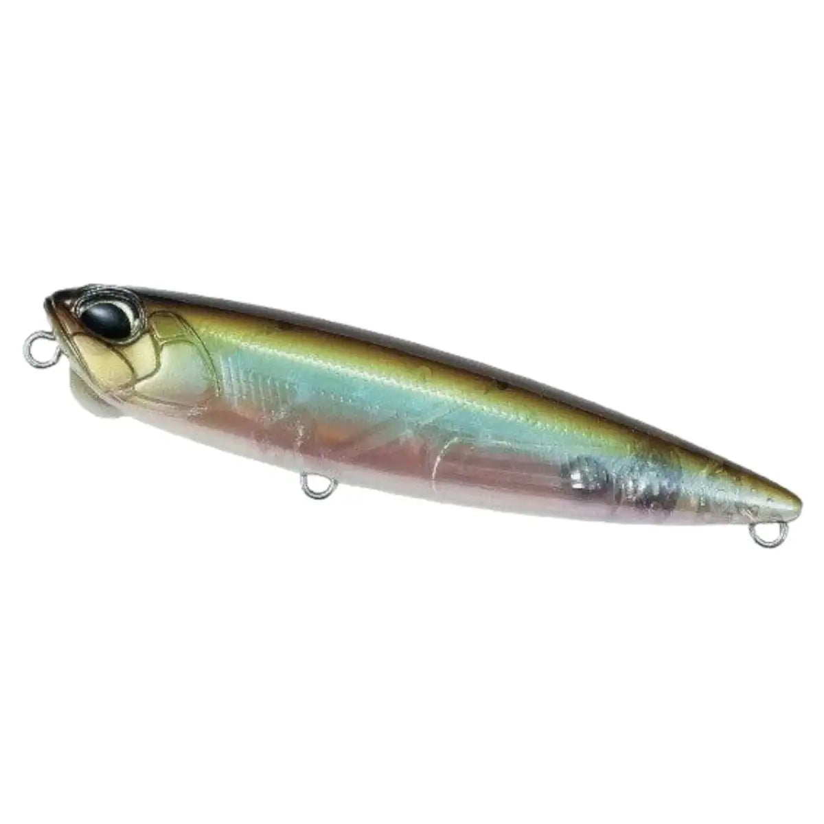 A duo realistic hard bait fishing lure shaped like a small fish, featuring a metallic silver body with a green-gold back, a large black eye, and two metal hooks on the sides, shown against a plain white background.