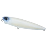 A realistic hard fishing lure shaped like a small baitfish, featuring a glossy white body with a blue-gray gradient on the head and silver metal eye and bottom hooks, shown against a plain white background.