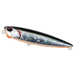 A duo silver and black realistic fishing lure with a red collar and orange-tinted eye, shown against a plain white background.
