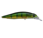 Green and black striped fishing lure on a white background
