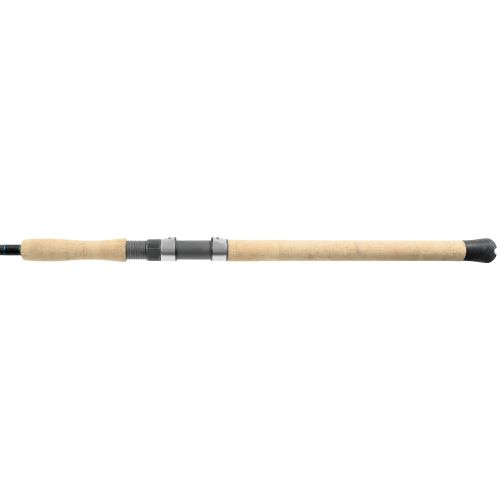 Fishing rod with wooden handle and black grip on a white background