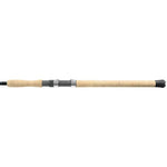 Fishing rod with wooden handle and black grip on a white background
