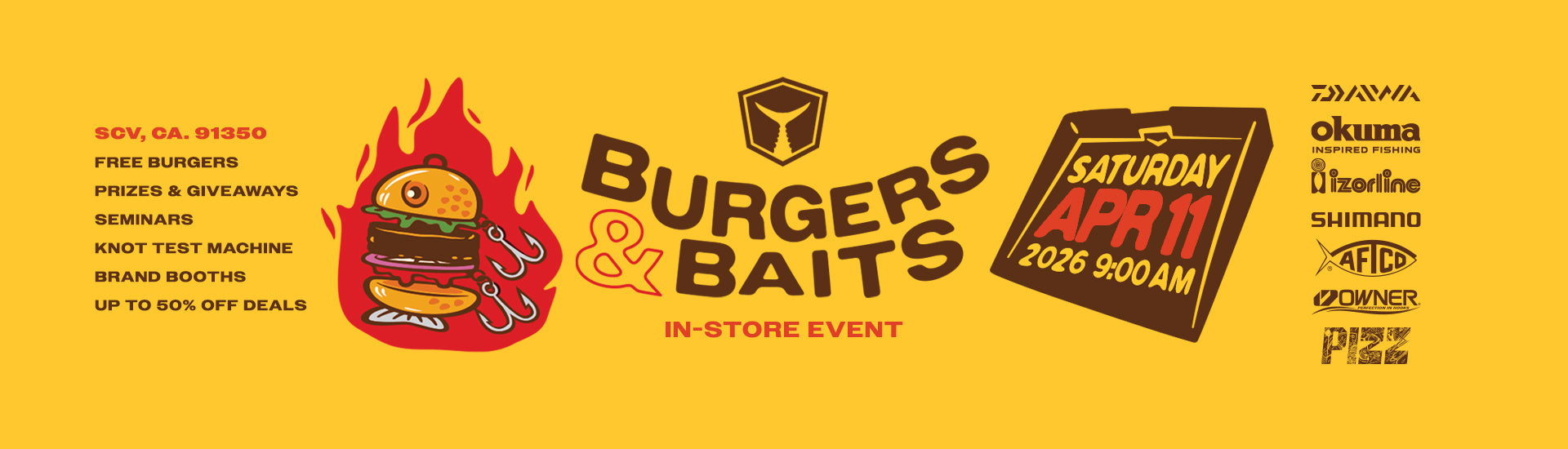 Promotional banner for Burgers & Baits in-store event with text and graphics on a yellow background.