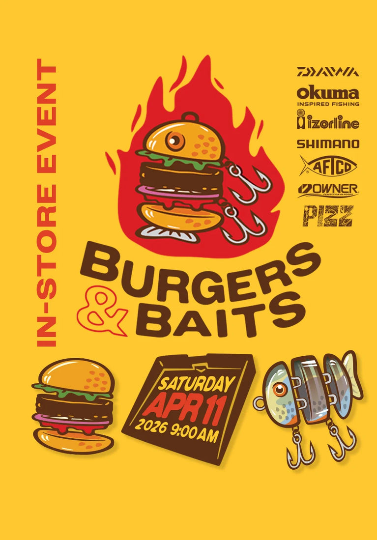 Promotional poster for an in-store event with burgers and baits on a yellow background.
