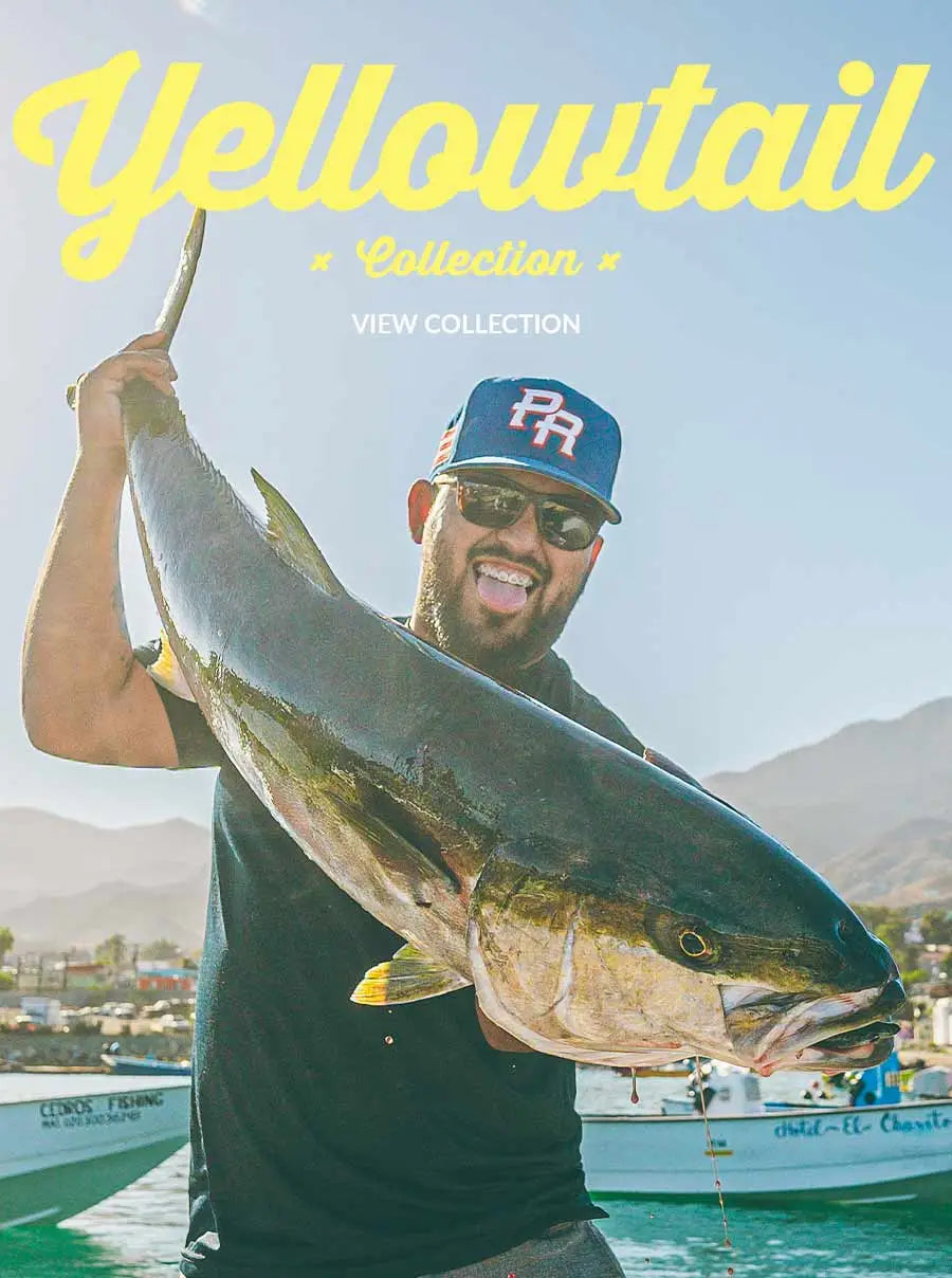 Man holding a yellowtail fish with boats and mountains in the background