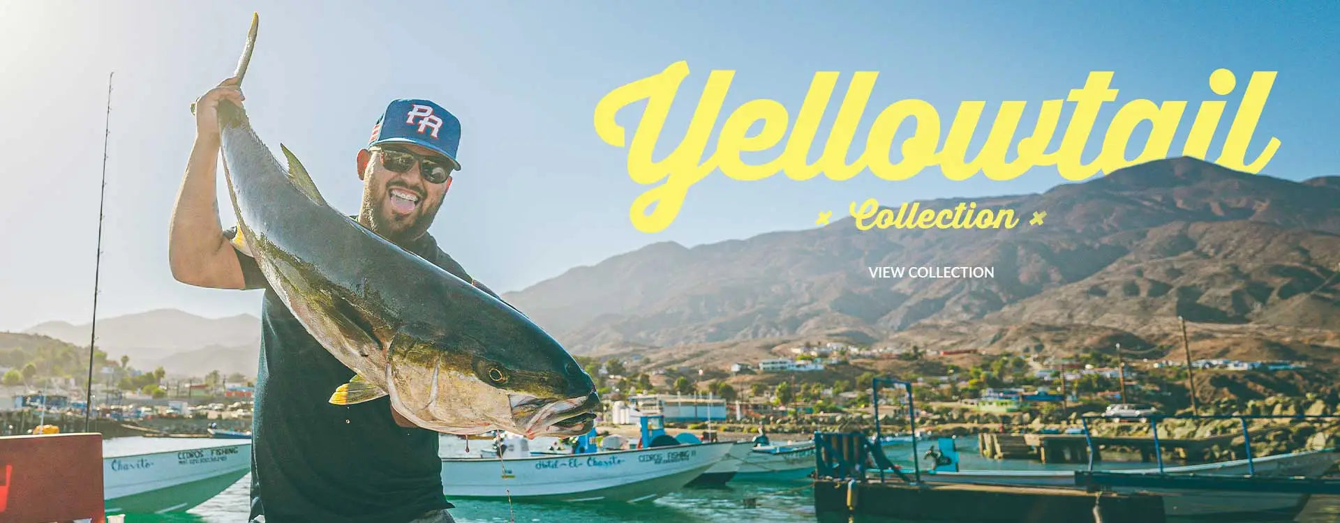 A guy holding a yellowtail in a resort in Mexico with boats and mountains