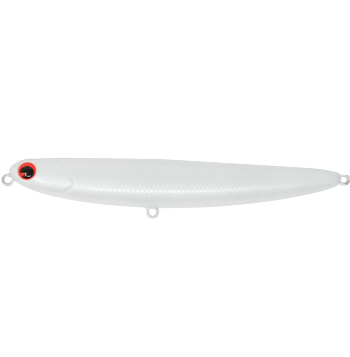 White fishing lure with a red eye on a white background