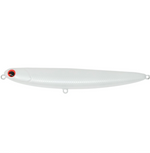 White fishing lure with a red eye on a white background