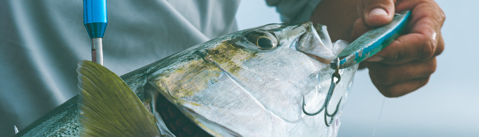 Person holding a fish with a jig next to its mouth