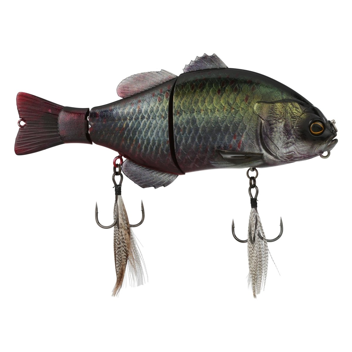 JackallJackall Gantarel Jr Bluegill Swimbait - Hard SwimbaitsFishing lure shaped like a fish with hooks and feathers on a white backgroundJGANTJR - RTBP