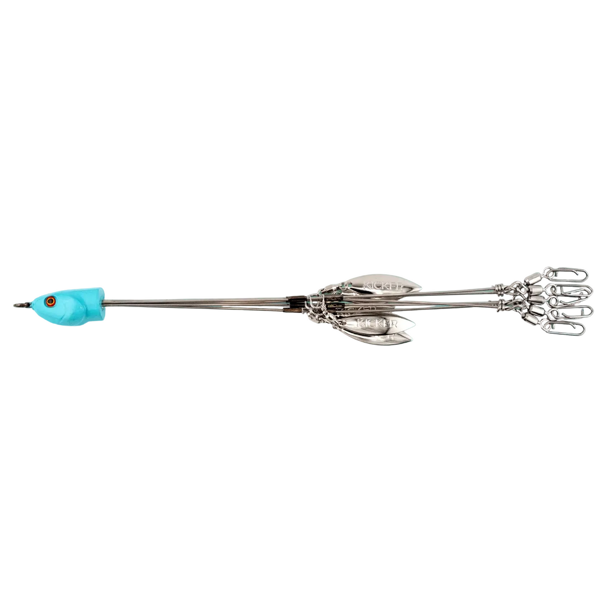 Umbrella rig fishing lure with a light blue fish-shaped handle and silver metal arms ending in hooks, shown on a solid light blue background.