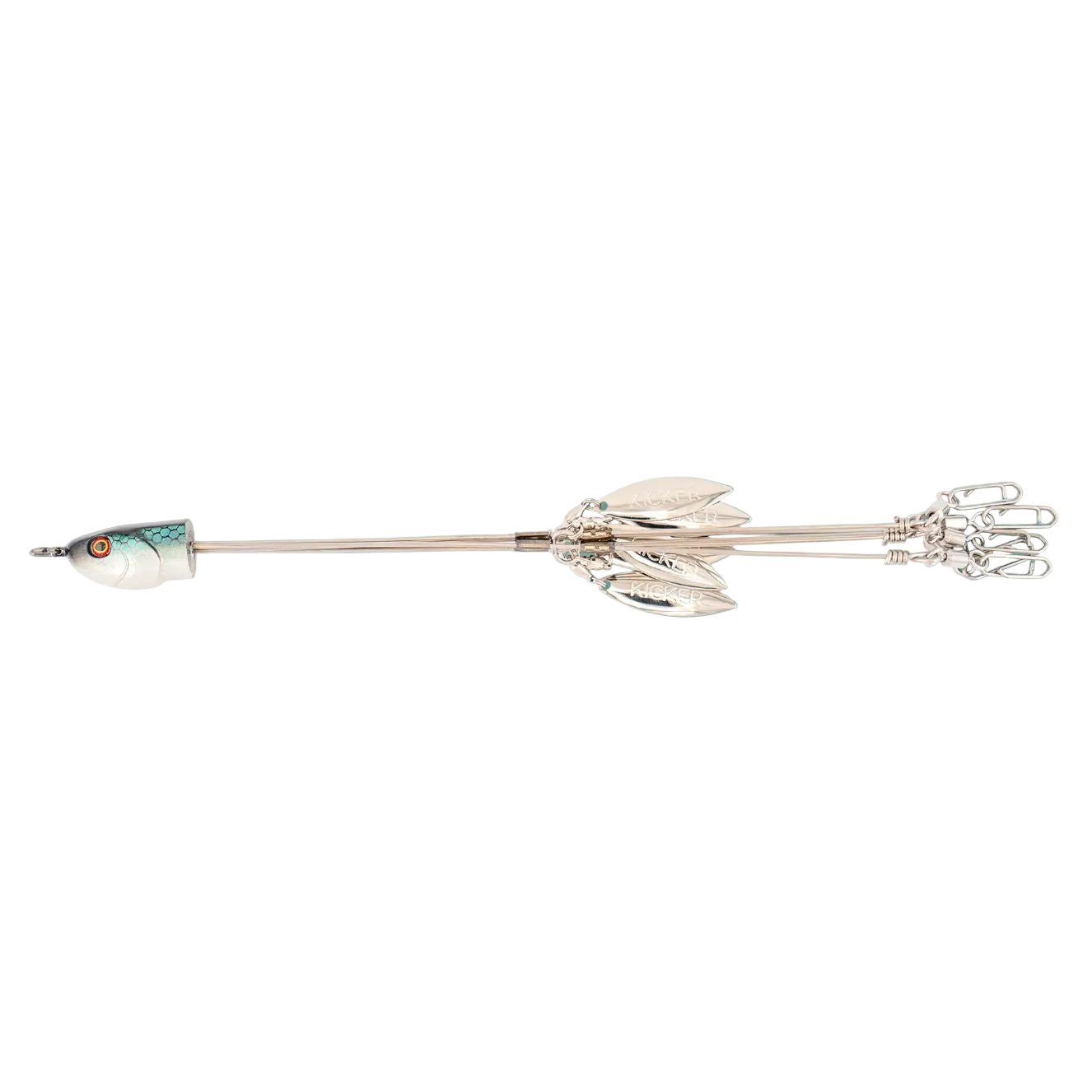 A silver metal fishing lure fishing lure with a white and blue fish head and a red eye, shown horizontally against a solid light turquoise background.