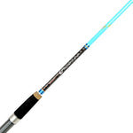 Fishing rod with blue and black design on a white background
