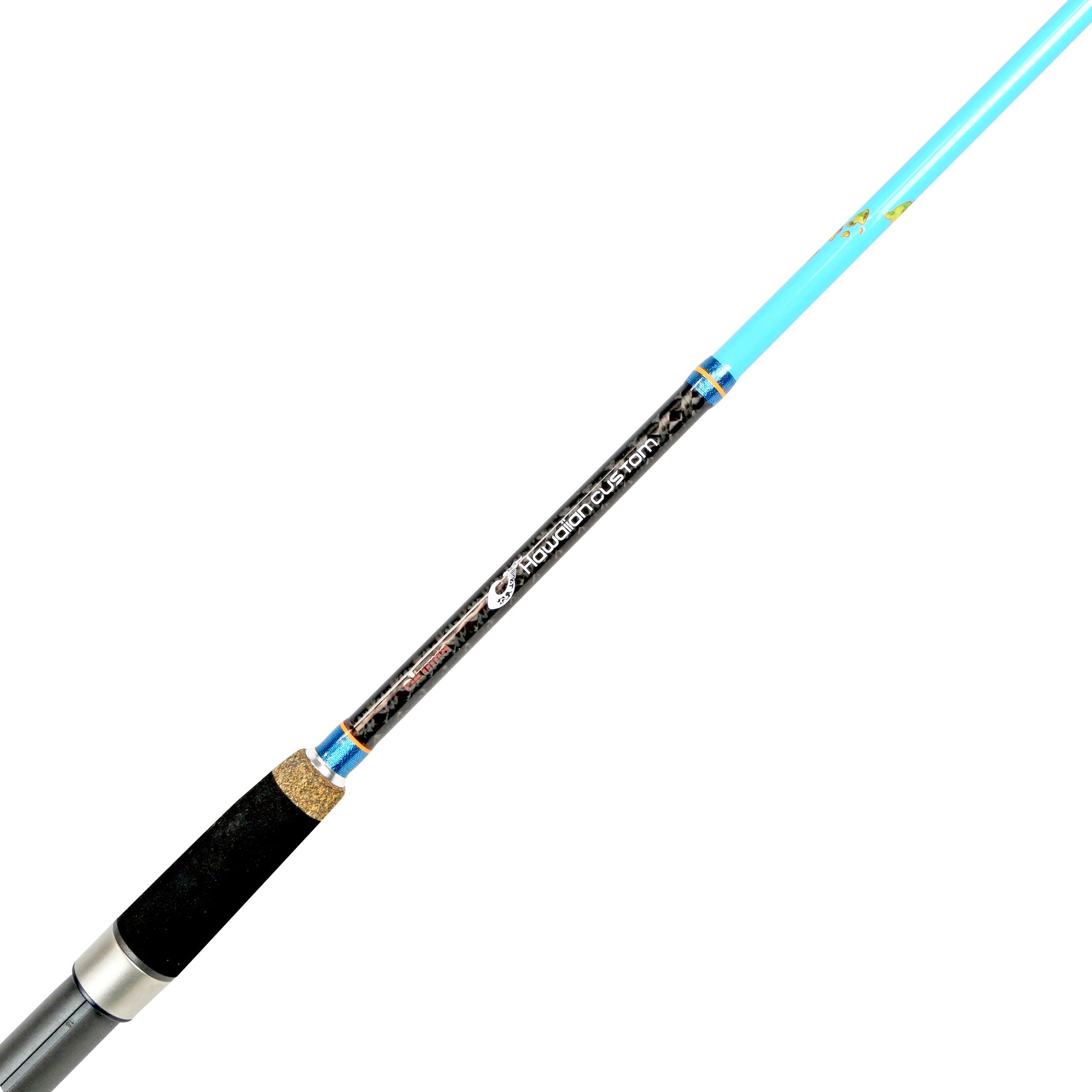 Fishing rod with blue and black design on a white background