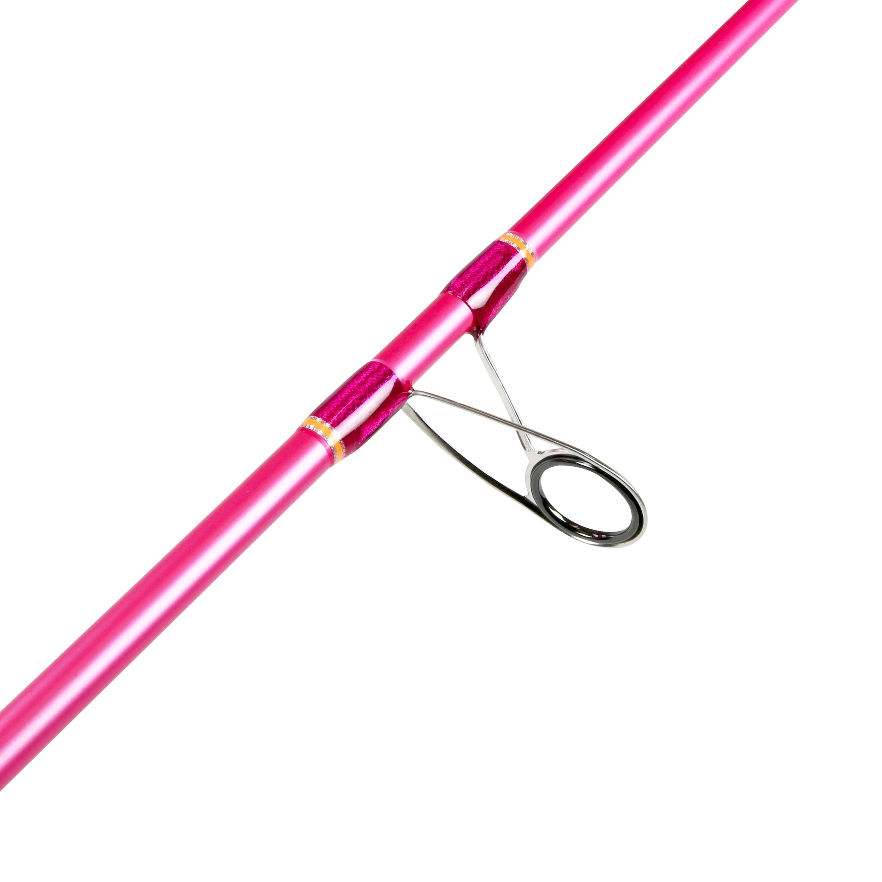 Pink fishing rod with a silver reel on a white background