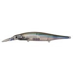 A silver and blue minnow-style fishing lure shown in profile on a white background, with the text 'Silver Cheek Ghost Minnow / 4.5 inch - 1/2 oz' below it.