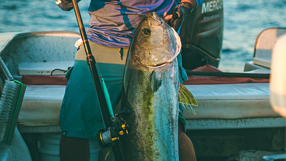 Person holding a large fish on a boat with a Mercury motor in the background