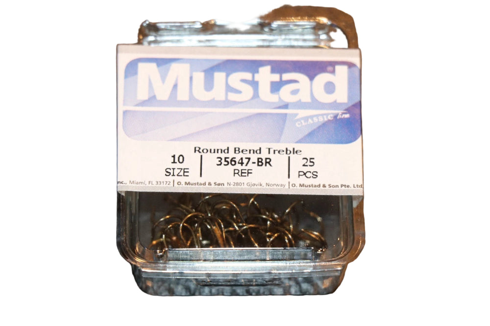 MustadMustad 35647 Bronze Classic Treble Hooks 25PK - Treble HooksMustad round bend treble hooks in a clear container with a label on a brown textured backgroundMUS490