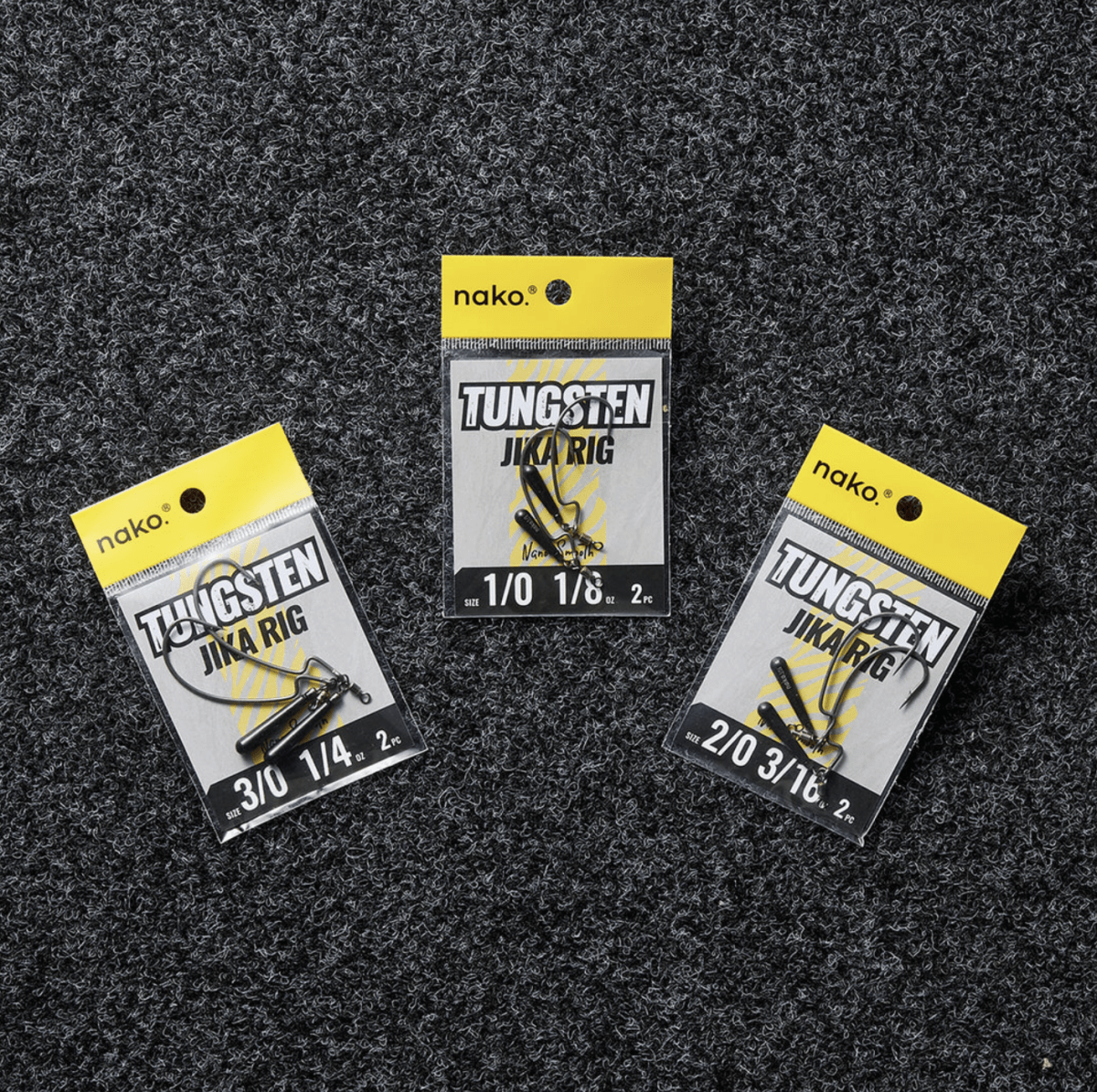 NakoNako Jika Rig - Single HooksThree packages of Nako Tungsten Jig Rig on a textured black surfaceWJKR - 1 - 8 - 10