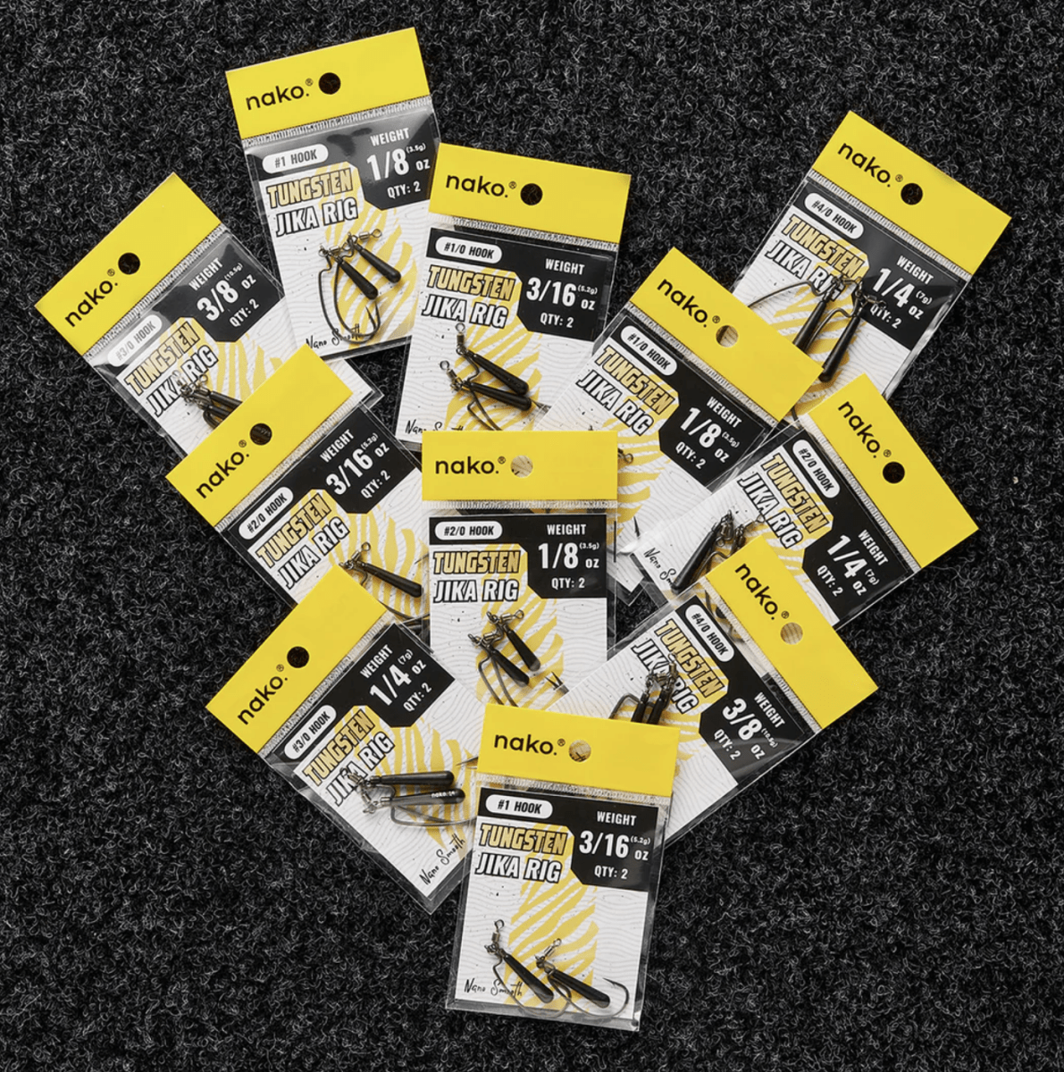 NakoNako Jika Rig - Single HooksMultiple packages of nako fishing lures on a dark backgroundWJKR - 1 - 8 - 10