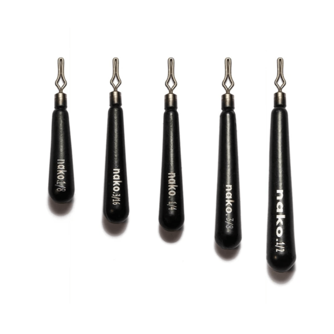 NakoNako Skinny Drop Shot Tungsten Weights - Tungsten WeightsFive black fishing sinkers with visible branding on a white backgroundWDS1 - 8 - 5P