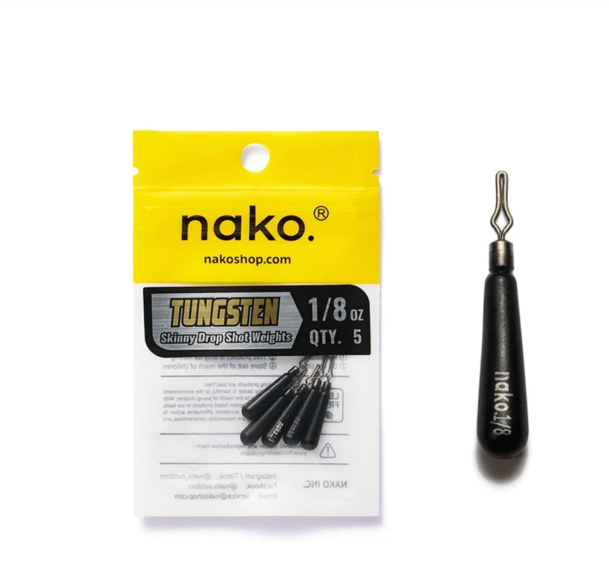 NakoNako Skinny Drop Shot Tungsten Weights - Tungsten WeightsNako tungsten drop shot weight with packaging on a white backgroundWDS1 - 8 - 5P