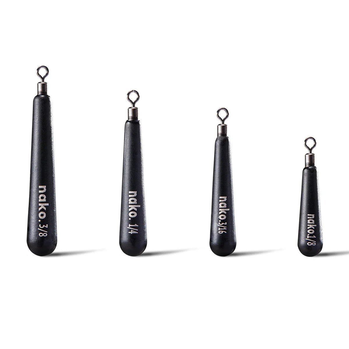 NakoNako Skinny Free Rig Tungsten Weights - Tungsten WeightsFour black fishing sinkers with 'nako' branding on a white backgroundWSFR1 - 2 - 5P