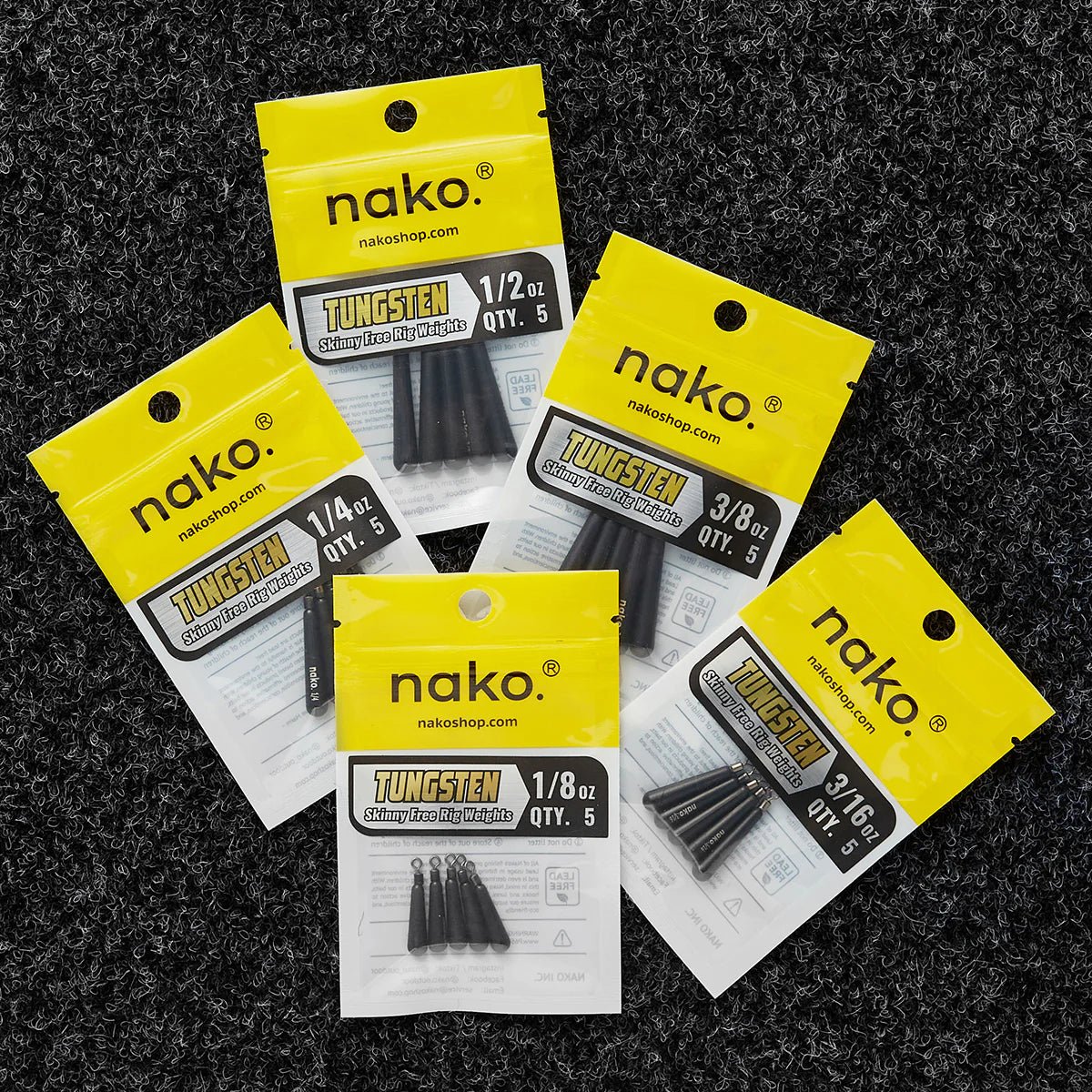 NakoNako Skinny Free Rig Tungsten Weights - Tungsten WeightsYellow packages of nako tungsten sinkers on a black textured backgroundWSFR1 - 2 - 5P